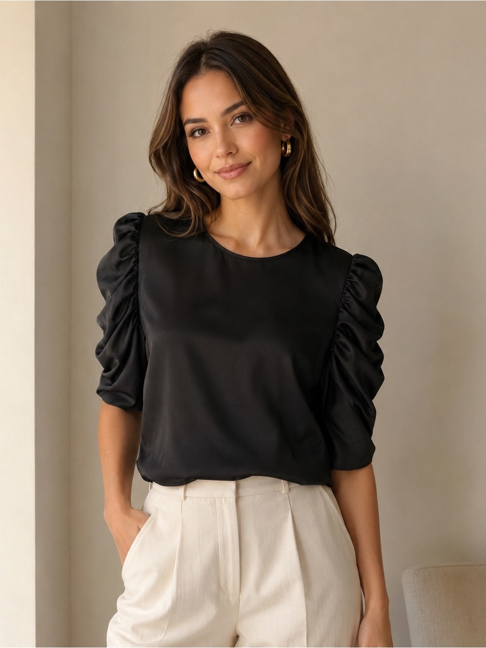 Theory 100% Silk Black Blouse Ruffle Sleeve Zipper Closure Size Small